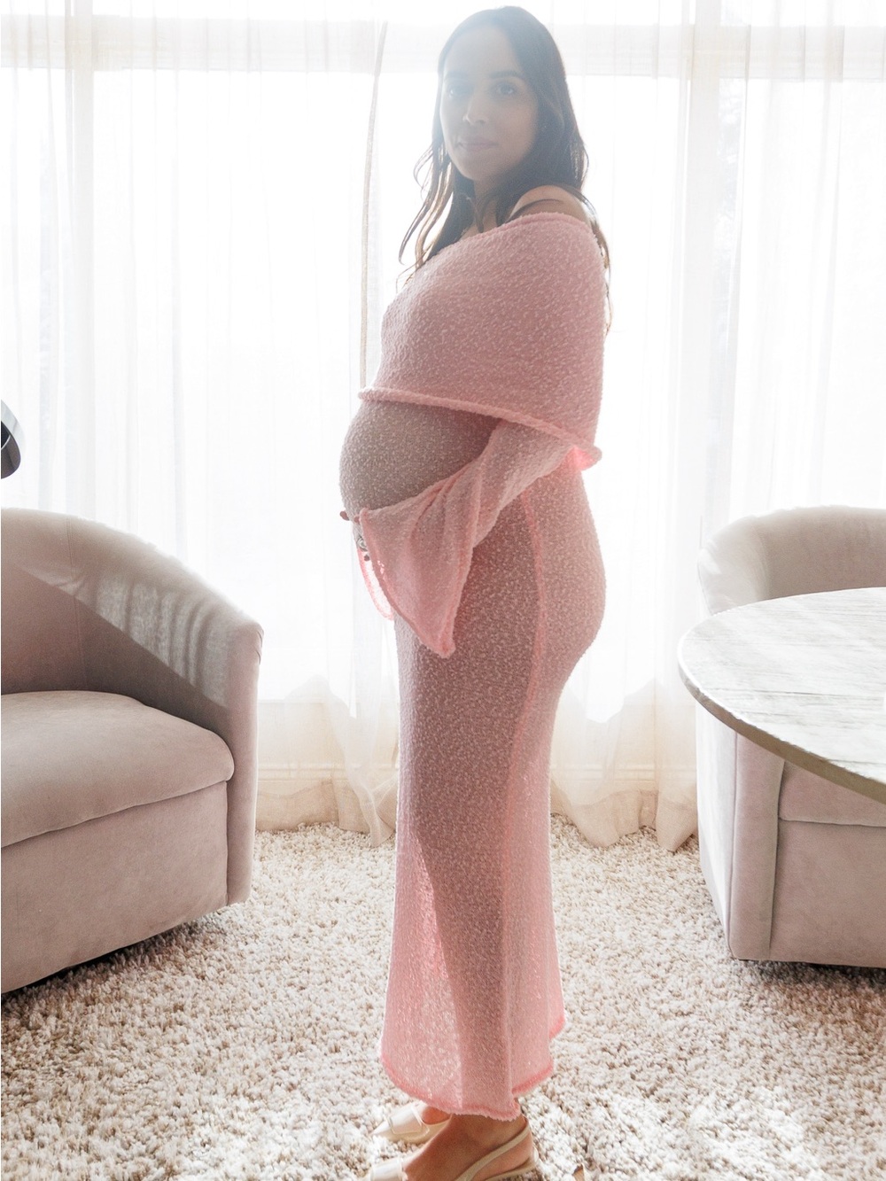 Soft Pink Off-Shoulder Textured Maxi Dress